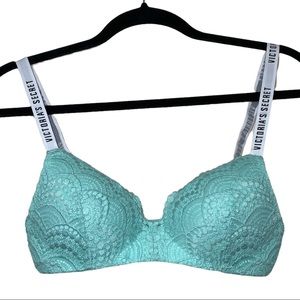 Victoria’s Secret Teal Blue Lace Logo Strap lined No-Wire Bra Size 32B